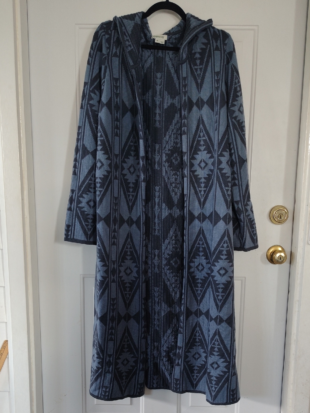 Orvis Blue and Navy Aztec Hooded Long Sleeve Knit Cardigan Duster